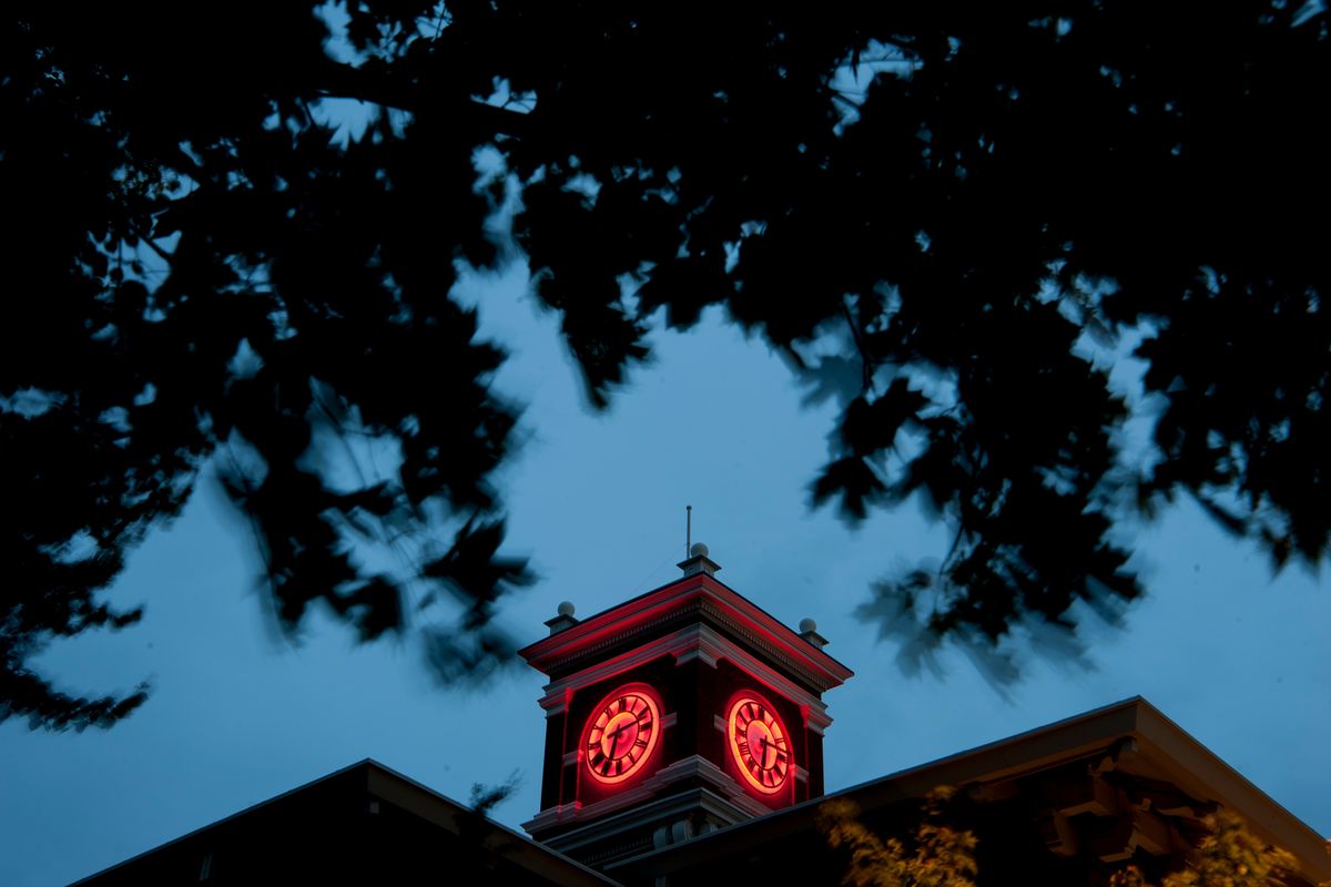Bryan Clock Tower glows at dawn on Sept. 17, 2016, on Washington State University’s campus in Pullman. (TYLER TJOMSLAND/The Spokesman-Review)