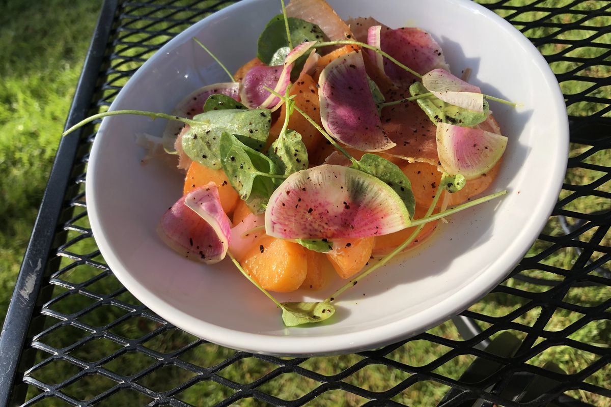 Apricot salad with Serrano ham, radishes, beets, turmeric dressing and basil at Arbor Crest Wine Cellars in Spokane Valley on Friday, July 3, 2020.  (Don Chareunsy/The Spokesman-Review)
