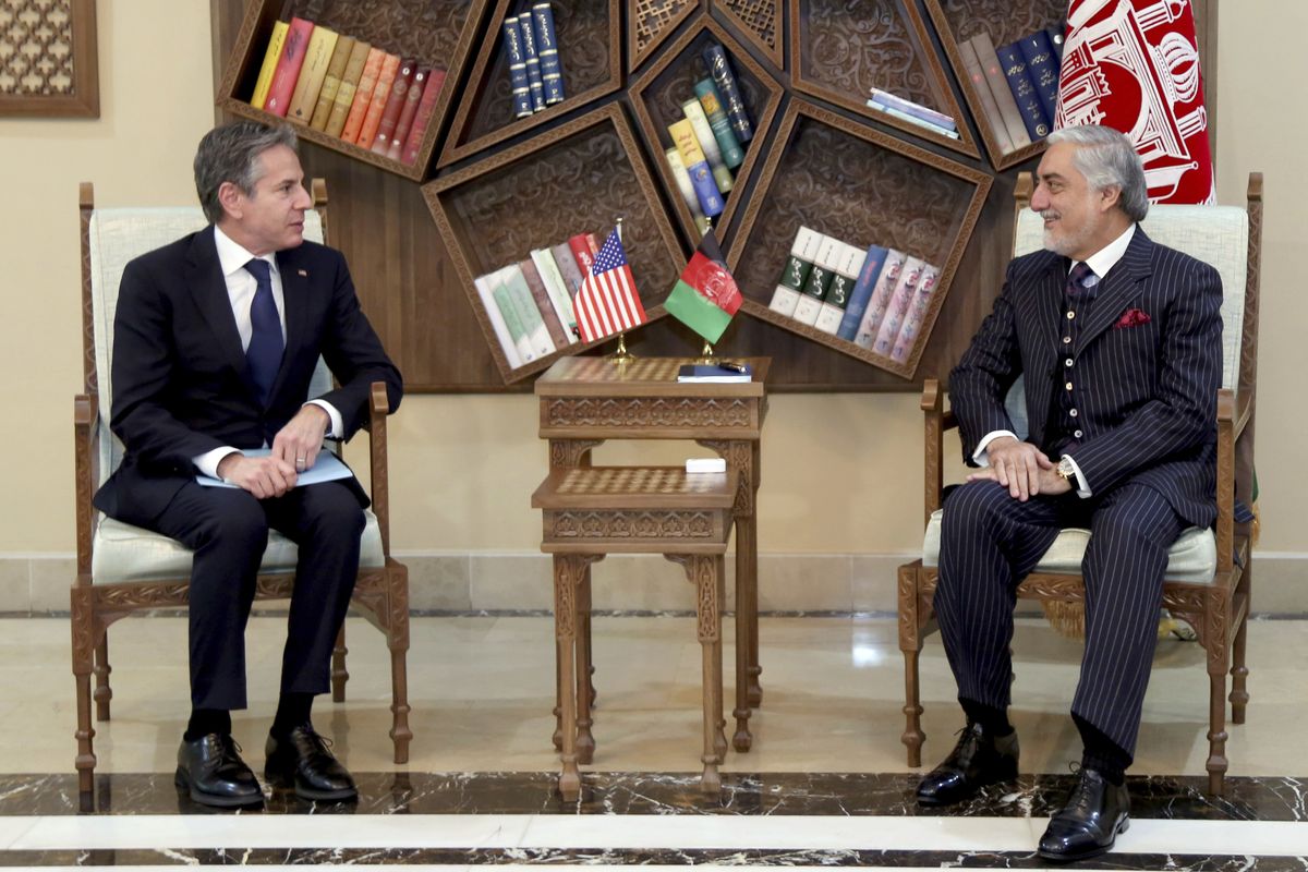 Abdullah Abdullah, Chairman of the High Council for National Reconciliation, right, meets with U.S. Secretary of State Antony Blinken, at the Sapidar Palace in Kabul, Afghanistan, Thursday, April 15, 2021. Blinken made an unannounced visit to Afghanistan on Thursday to sell Afghan leaders and a wary public on President Joe Biden