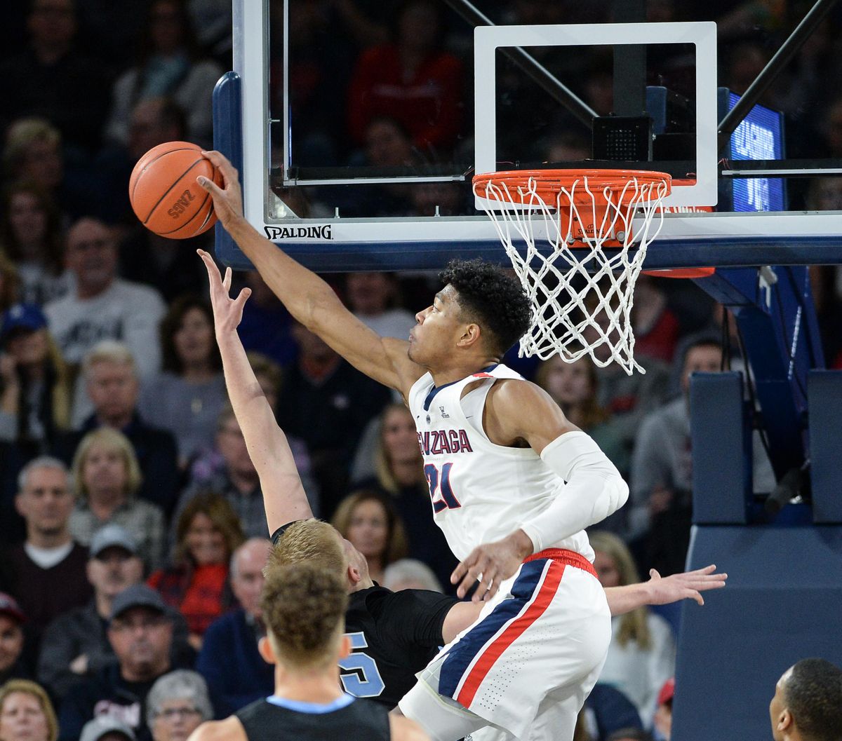 Gonzaga forward Rui Hachimura rejects a shot by San Diego forward Yauhen Massalski, Saturday, Feb. 2, 2019, in the McCarthey Athletic Center. (Dan Pelle / The Spokesman-Review)