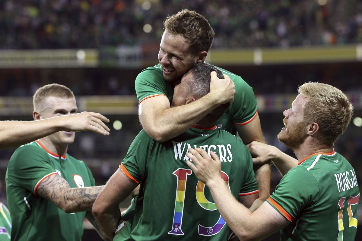 Republic of Ireland’s Alan Judge, top, celebrates scoring his side’s second goal of the game with team-mates during the International Friendly match at the Aviva Stadium, Dublin, Ireland, Saturday, June 2, 2018. (Brian Lawless / PA via AP)