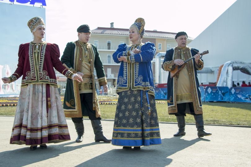 Russian performers dressed in traditional garb in Olympic Park, Sochi.