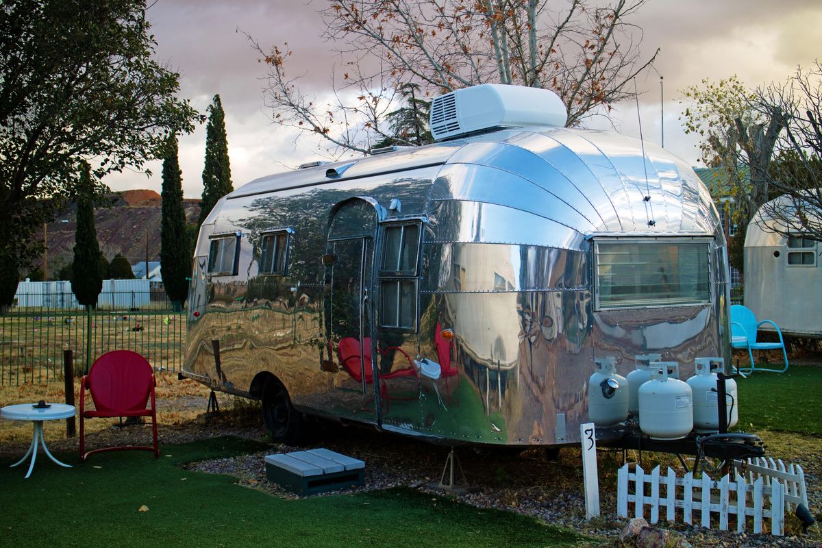 A 22-foot-long 1955 Airstream is one of 10 vintage travel trailers, as well as a bus and a yacht, at the Shady Dell Vintage Trailer Court. (Erin E. Williams / For the Washington Post)