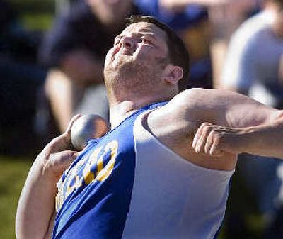 
Mead's Mike Magee uncorks his winning shot put of 56 feet, 1 inch. 
 (Christopher Anderson / The Spokesman-Review)