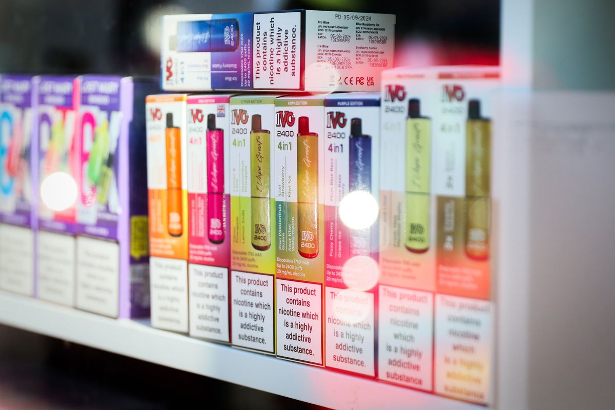 Single-use disposable vapes are displayed for sale on Oct. 27, 2024, in London, England. The UK Government ban on the sale and supply of single-use vapes in England comes into force on 1 June 2025.  (Getty Images)