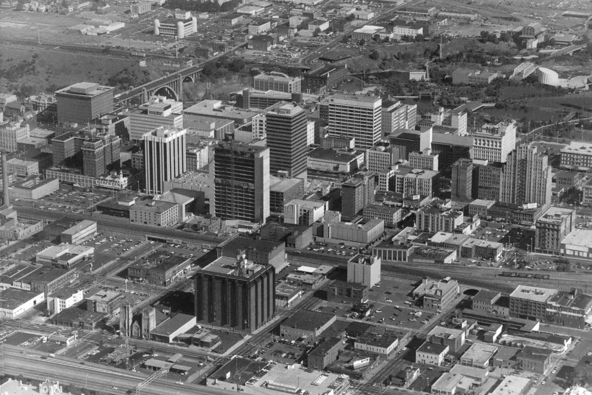 1981 - Since 1981, the steel and glass Bank of America Center in the center of this photo has reigned as the tallest building in Spokane at 20 stories and 288 feet. A handful of taller buildings, up to 35 stories, have been proposed but nothing has materialized. If a larger building becomes a reality, it will likely be a residential building. (Don Jamison/THE SPOKESMAN-REVIEW PHOTO ARCHIVE / Cowles Publishing)