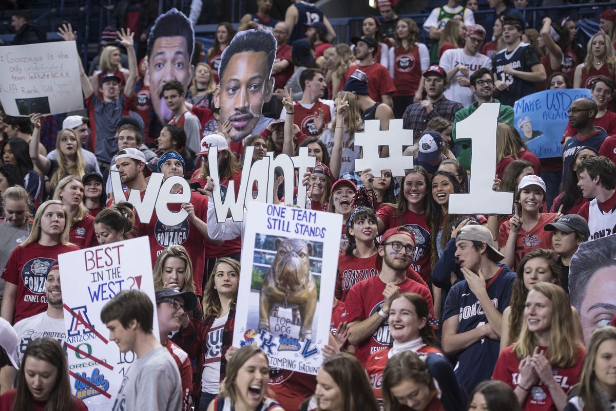 Gonzaga Kennel Club members show their wish list to the crowd before the San Diego game, Jan. 26, 2107, in the McCarthey Athletic Center. (Dan Pelle / The Spokesman-Review)