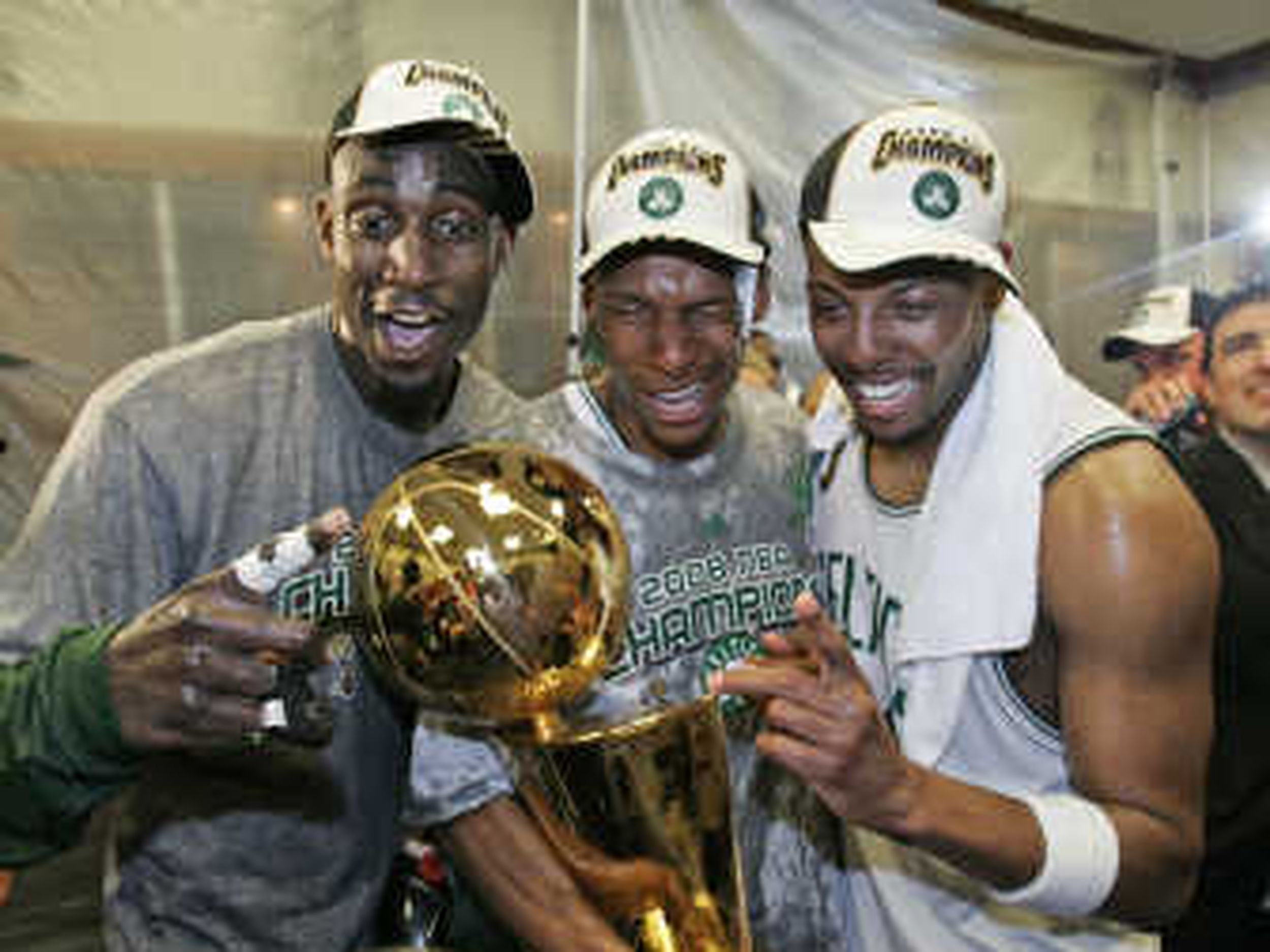 Paul Pierce Boston Celtics Unsigned 2008 NBA Finals MVP Trophy Celebration  Photograph