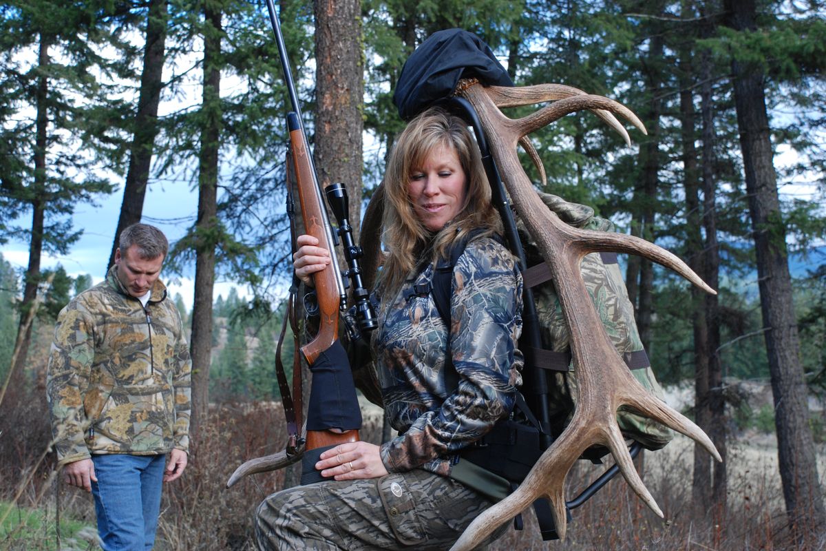 Carol Schmidt of Mead bagged her first bull elk in Stevens County during a modern rifle season with the help of her husband, Mike. (Rich Landers)