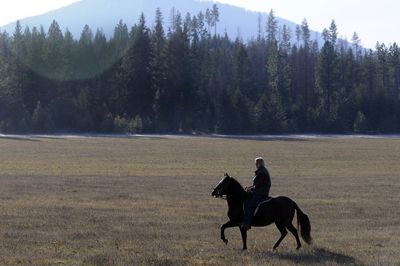 Cindy Oswald, owner of Westwind Ranch, rides General Isabel, one of her Paso Fino horses, on  Dec. 4. The adjacent land was owned by Stimson Lumber, and a developer has announced plans for a luxury golf community with more than 450 homes on the land in the background.   (Jesse Tinsley / The Spokesman-Review)