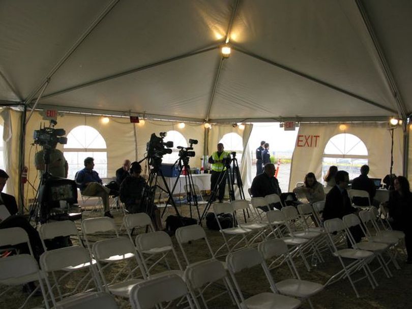Inside the temporary media center at the Idaho state prison complex Tuesday morning (Betsy Russell)
