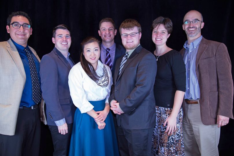 Gonzaga University's 2015 ethics bowl team, from left, Mark Ornelas, Patrick Conway, Helen Xun, Ian Hammer, Macklen Scribner, Alyssa Bashor, and professor Erik Schmidt. (Gonzaga University)