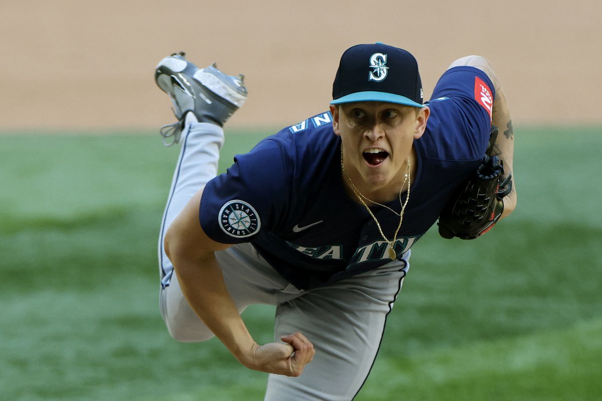 Seattle Mariners pitcher Casey Legumina delivers against the Texas Rangers during the sixth inning at Globe Life Field on May 4, 2025 in Arlington, Texas. (Getty Images)