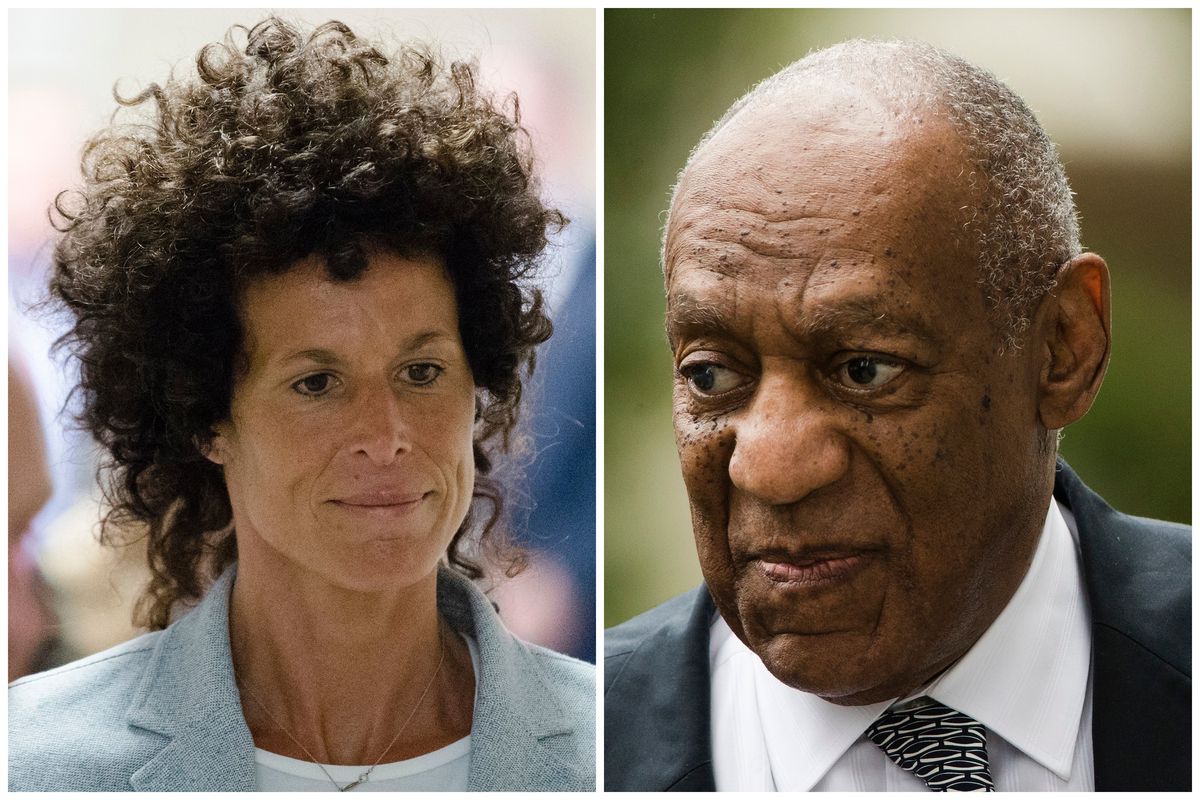 FILE – This photo combination shows Andrea Constand, left, walking to the courtroom during Bill Cosby