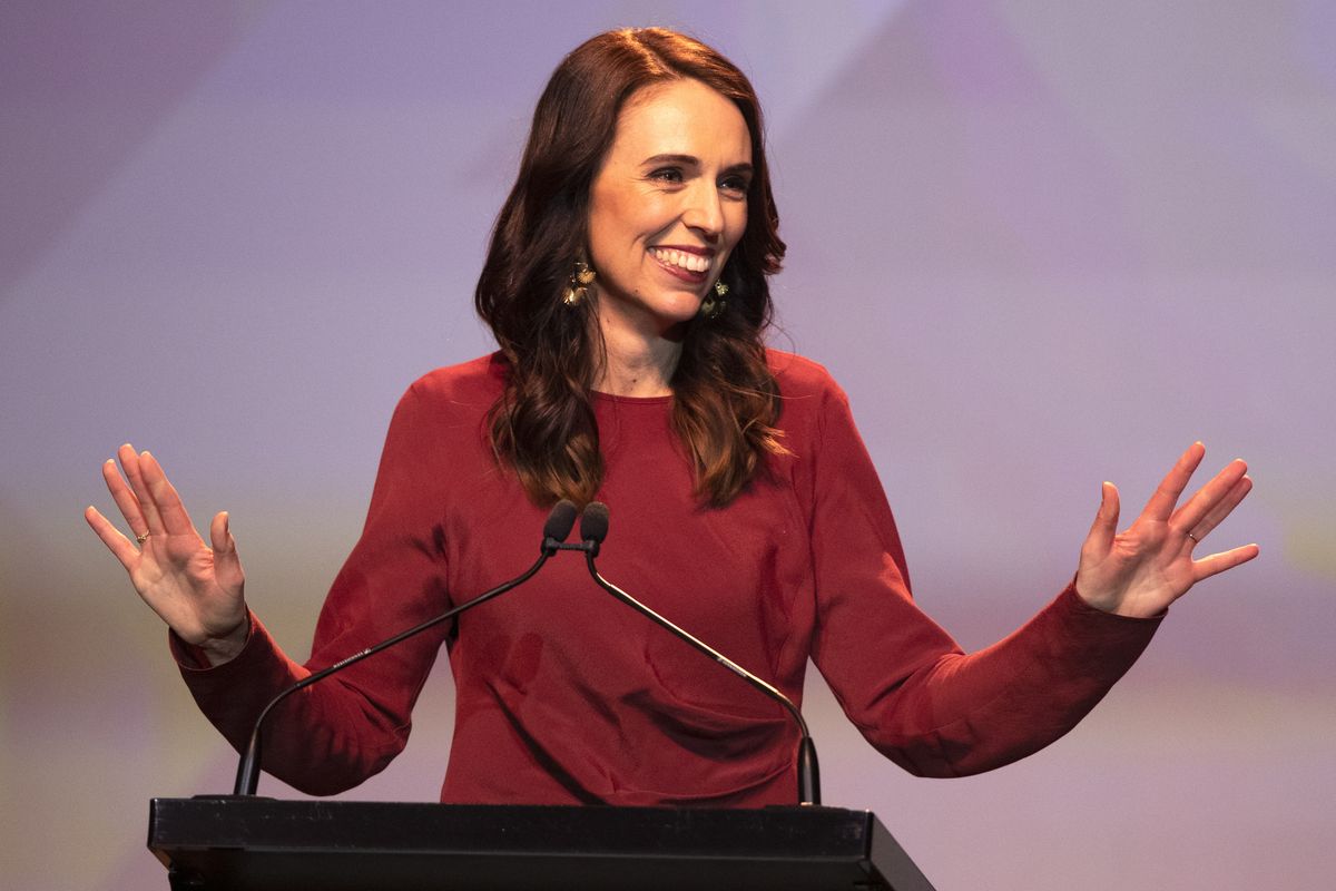 New Zealand Prime Minister Jacinda Ardern gestures as she gives her victory speech to Labour Party members at an event in Auckland, New Zealand, Saturday, Oct. 17, 2020.  (Mark Baker)