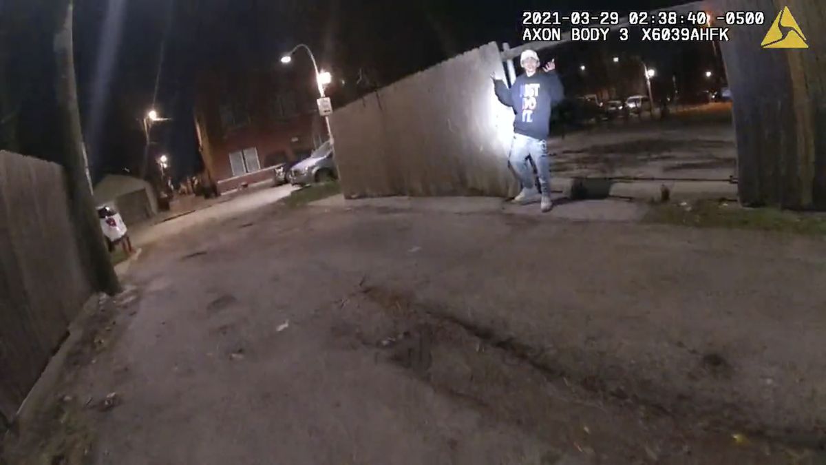 This image from Chicago Police Department body cam video shows the moment before Chicago Police officer Eric Stillman fatally shot Adam Toledo, 13, on March 29, 2021, in Chicago.  (HOGP)