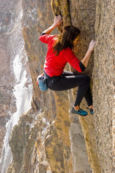 Steph Davis free soloing the 1,000-foot Diamond face at Long’s Peak, Colo., in the movie “The Sharp End.” Courtesy of Brian Kimball (Courtesy of Brian Kimball / The Spokesman-Review)