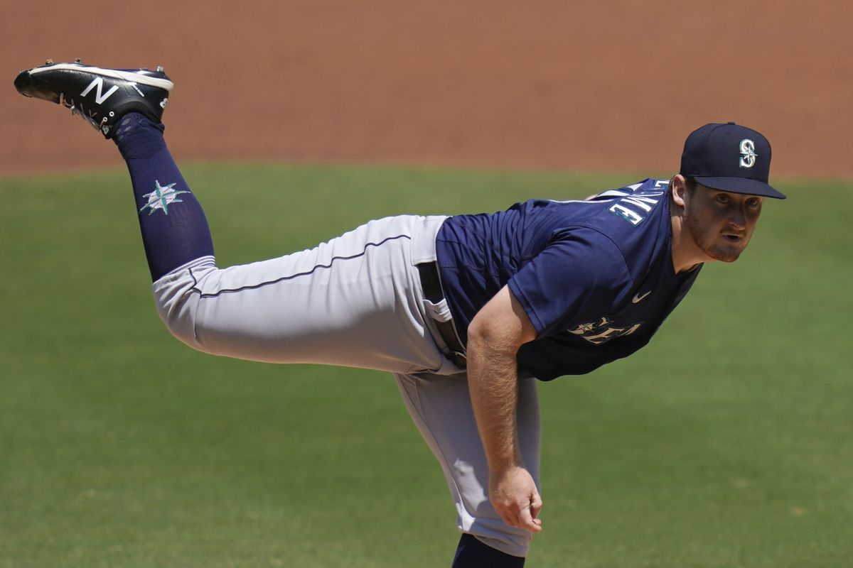 Seattle Mariners starting pitcher Ljay Newsome works against a San Diego Padres batter during the first inning of a baseball game Thursday, Aug. 27, 2020, in San Diego.  (Associated Press)
