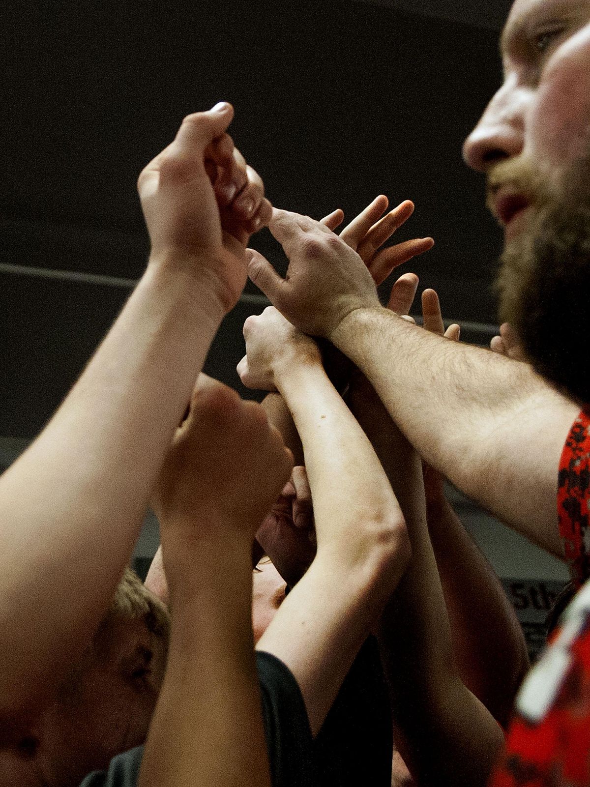 Post Falls wrestling coach Pete Reardon ends practice with a show of solidarity on Monday, Feb. 22, 2016. The team will compete in the state tournament in Pocatello this weekend. (Kathy Plonka / The Spokesman-Review)