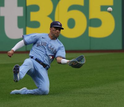 Toronto Blue Jays outfielder Whit Merrifield makes a catch last season during a game at Progressive Field in Cleveland. Merrifield is the kind of contact-hitting right-hander the Mariners could target this offseason.  (Tribune News Service)
