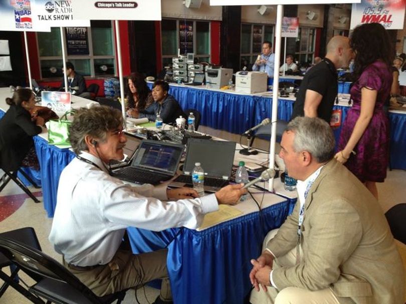 Geraldo Rivera, left, interviews Boise Mayor Dave Bieter at the Democratic Party national convention in Charlotte, N.C. on Tuesday. (Brian Cronin)