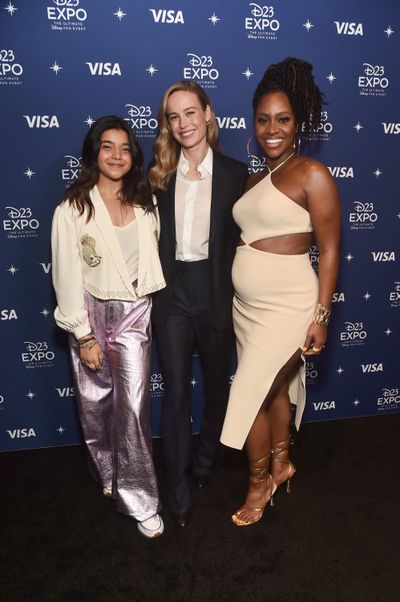 From left, Iman Vellani, Brie Larson and Teyonah Parris attend D23 Expo 2022 at Anaheim Convention Center in Anaheim, California, on Sept. 10, 2022.   (Tribune News Service)