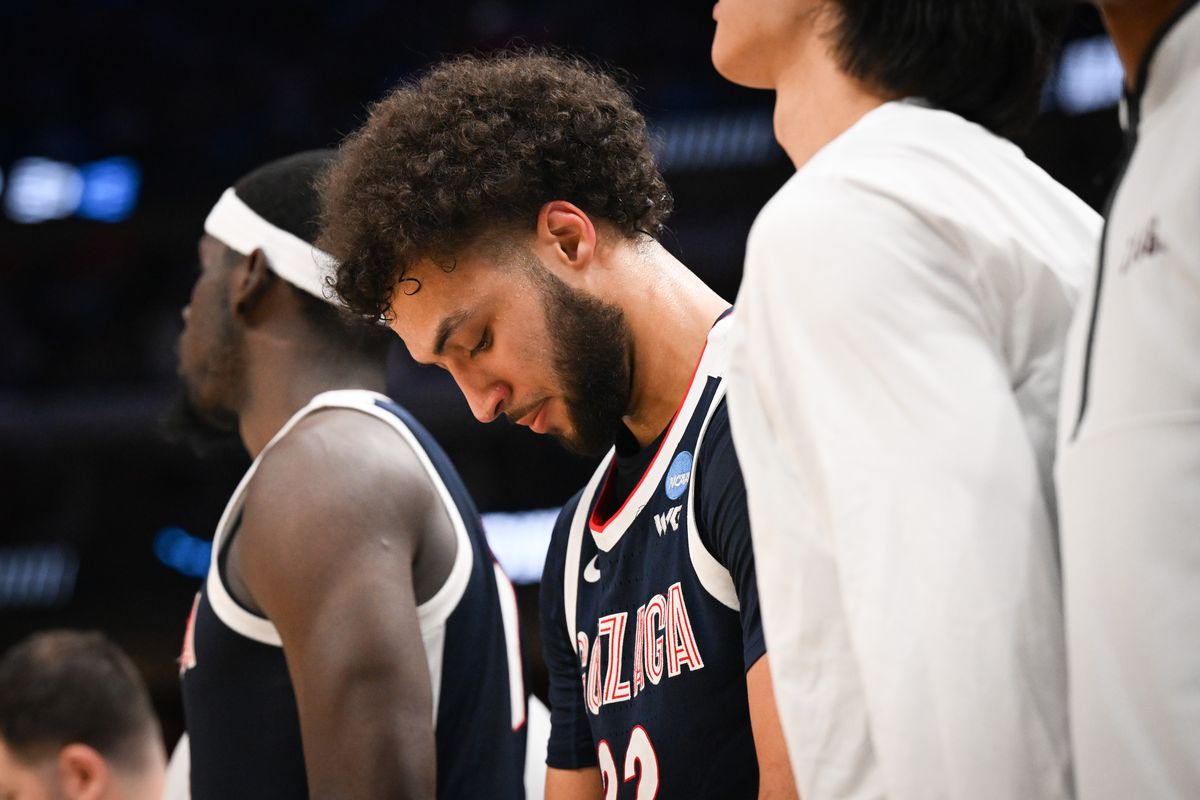 Gonzaga Bulldogs forward Anton Watson (22) pauses after coming out of the game late during the second half of an NCAA Tournament Sweet 16 basketball game against the Purdue Boilermakers on Friday, Mar 29, 2024, at Little Caesars Arena in Detroit, Mich. Purdue won the game 80-68.  (Tyler Tjomsland/The Spokesman-Review)