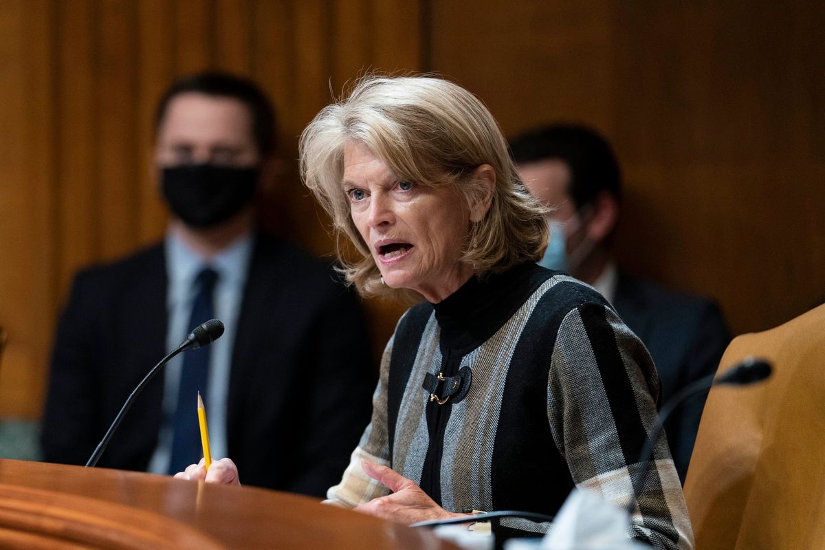 Sen. Lisa Murkowski, R-Alaksa, questions Commerce Secretary Gina Raimondo during a Senate Appropriations Subcommittee on Commerce, Justice, Science, and Related Agencies hearing on expanding broadband access, Tuesday Feb. 1, 2022, on Capitol Hill in Washington.  (Sarah Silbiger)