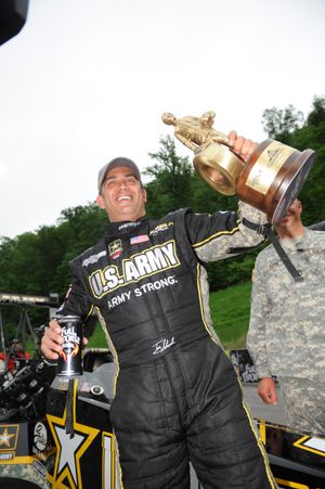 Tony Schumacher celebrates his NHRA Full Throttle Top Fuel dragster win in Bristol. (Photo courtesy of NHRA) (The Spokesman-Review)