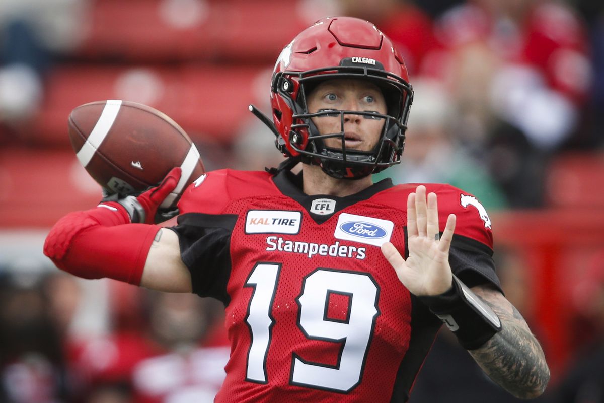 Calgary Stampeders quarterback Bo Levi Mitchell throws the ball during first-half CFL football game action against the Hamilton Tiger-Cats in Calgary, Alberta in 2018.  (Jeff McIntosh)