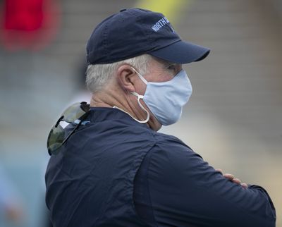 North Carolina head coach Mack Brown watches his team warm up before an NCAA college football game against Syracuse on Saturday, Sept. 12, 2020 in Chapel Hill, N.C.  (Associated Press)