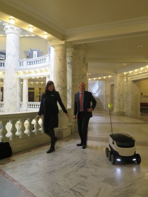 A "personal delivery robot" from Starship Technologies draws looks in the Idaho state Capitol rotunda on Tuesday, Feb. 28. 2017. (Betsy Z. Russell)