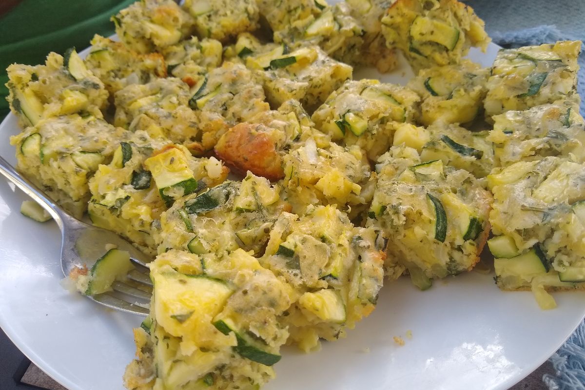 Zucchini bites is one of three recipes made from Zebadiah Zucchini, who weighed in at 7 pounds, 1 ounce, this summer in Cindy Hval’s garden.  (Cindy Hval/For The Spokesman-Review)