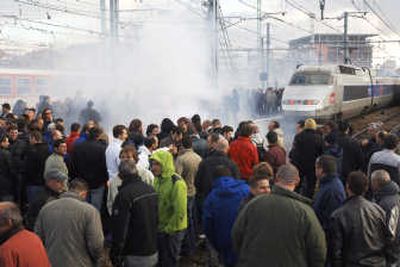 
Striking railway workers block a high-speed TGV train in the railway station of Toulouse, southwestern France, Wednesday. Associated Press
 (Associated Press / The Spokesman-Review)