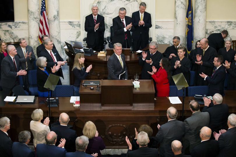 Gov. Butch Otter is applauded at his final State of the State address on Monday, Jan. 8, 2018, at the Idaho state Capitol in Boise. (AP / Otto Kitsinger)