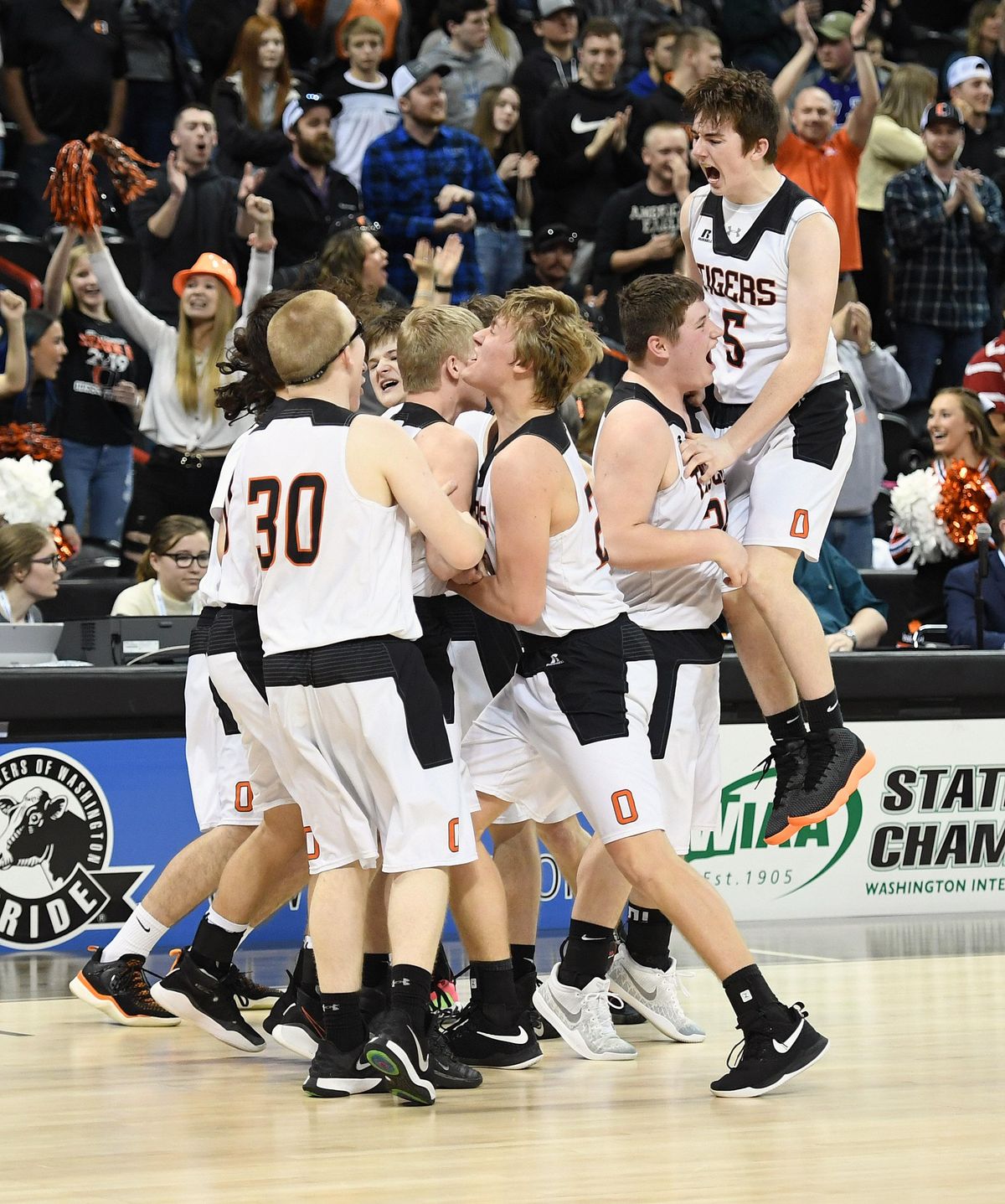 Odessa celebrates their 62-56 win over the Naselle Comets during a State 1B boys semifinal game on Friday, March 6, 2020, at the Spokane Arena. (Colin Mulvany / The Spokesman-Review)