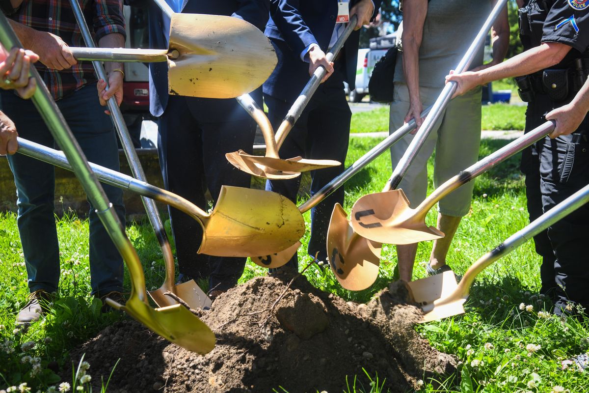 Dignitaries raise their shovels for the groundbreaking and design announcement for Dutch Jake’s Park, Tuesday, June 11, 2019. (Dan Pelle / The Spokesman-Review)