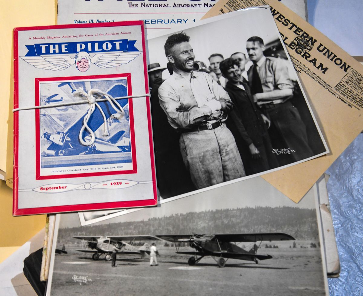 The Spokane Valley Heritage Museum is planning a notable exhibit in July featuring documents and photos from Nick Mamer, the late Spokane aviator honored with the 1939 clock tower memorial at Felts Field. The exhibit will also honor the 90th anniversary of the record flight of the Spokane Sun God, led by Mamer in 1929. (Dan Pelle / The Spokesman-Review)