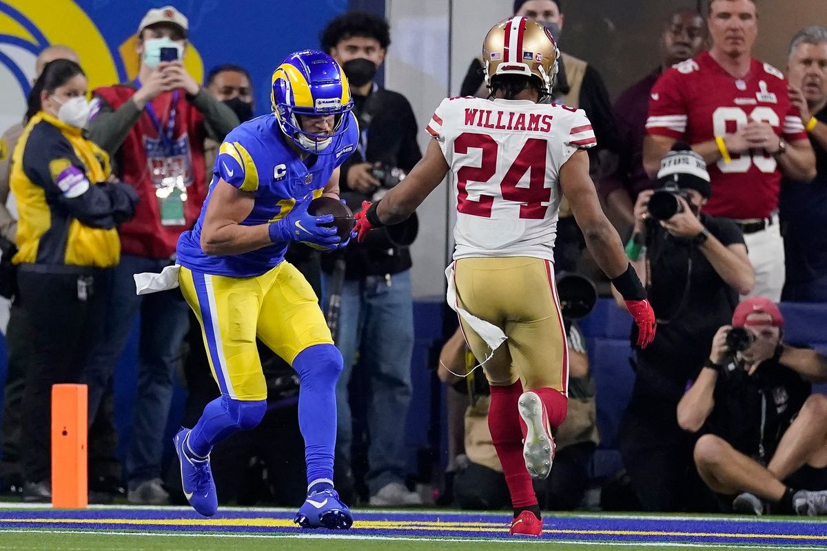 Wide receiver Cooper Kupp of the Los Angeles Rams catches a touchdown pass during the NFC Championship Game on Sunday in Inglewood, Calif.  (Marcio Jose Sanchez)