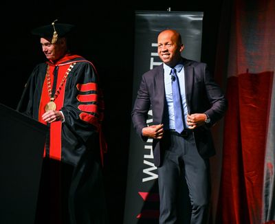 New York author, lawyer and founder of the Equal Justice Initiative Bryan Stevenson, right, is introduced by Whitworth University president Scott McQuilkin at the 2023 Presidential Leadership Forum Thursday in the Spokane Convention Center.  (DAN PELLE/THE SPOKESMAN-REVIEW)