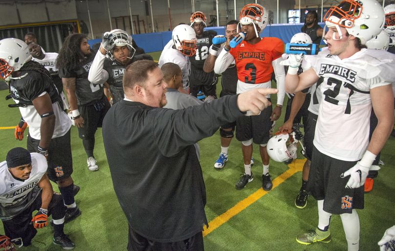 Spokane Empire coach Adam Shackleford is pointing his team in a new direction on the first day of practice on Friday, Feb. 5, 2016 at the Spokane Soccer Center. (Dan Pelle / The Spokesman-Review)
