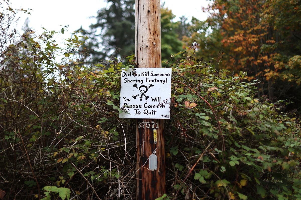 A sign along a road on the Lummi Nation reservation reads “Did You Kill Someone Sharing Fentanyl. You will. Please Commit To Quit” in Bellingham, Wash.  (Karen Ducey/The Seattle Times/TNS)