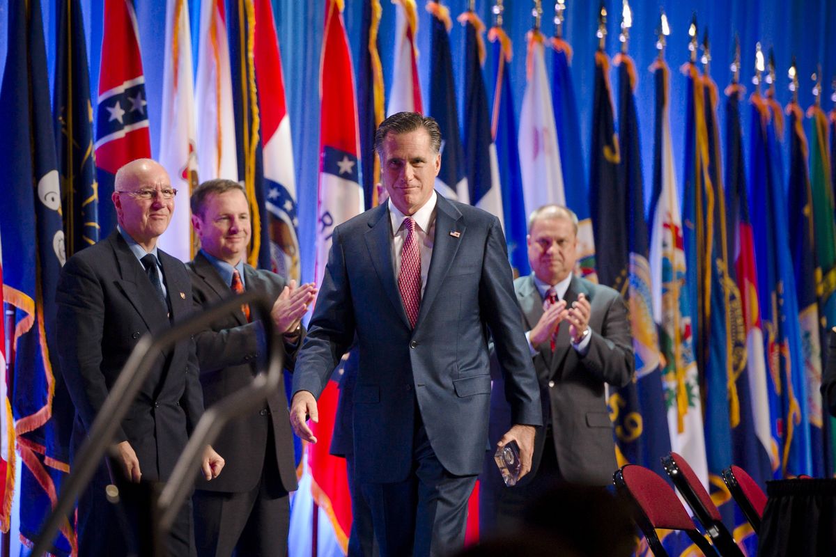 Republican presidential candidate, former Massachusetts Gov. Mitt Romney leaves after speaking to members of the National Guard Association Convention in Reno, Nev., Tuesday, Sept. 11, 2012. (Scott Sady / Fr78397 Ap)