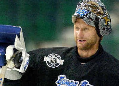 
Tampa Bay goalie Nikolai Khabibulin doesn't look like he is feeling the pressure. 
 (Associated Press / The Spokesman-Review)