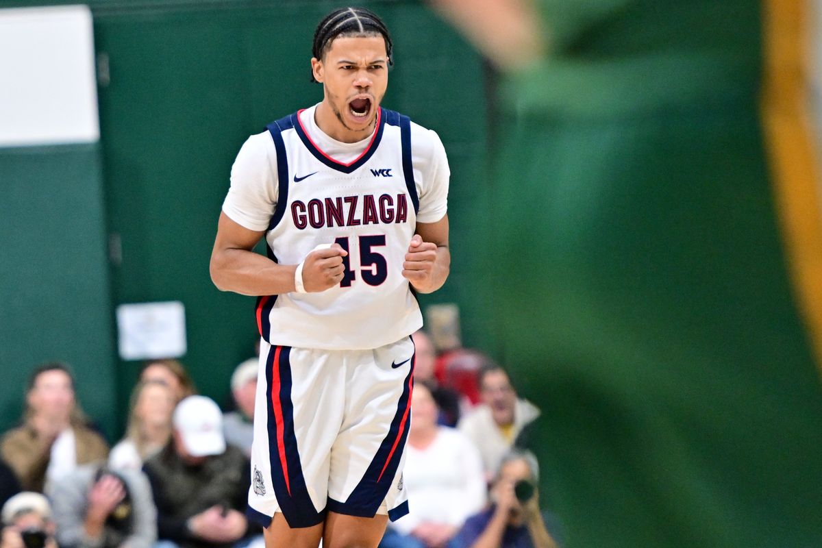 Gonzaga guard Rasir Bolton reacts after hitting the second of two key 3-pointers late in the second half of the Bulldogs’ 77-75 win over host San Francisco,.  (Tyler Tjomsland/The Spokesman-Review)