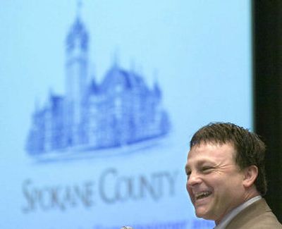 
Spokane County Commissioner Mark Richard is upbeat as he gives the annual State of the County address at Northern Quest Casino in Airway Heights  on Friday.
 (Christopher Anderson / The Spokesman-Review)