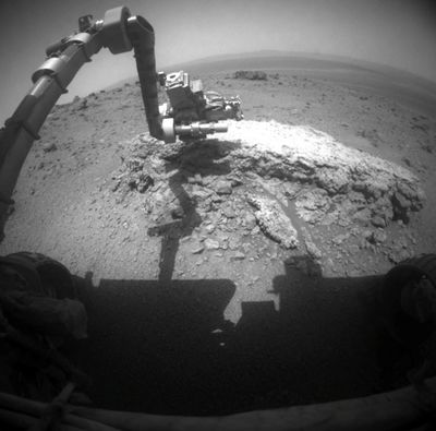 NASA’s Mars Exploration Rover Opportunity used its camera to take this picture showing its arm extended during its 2,695th Martian day, Aug. 23. (Associated Press)