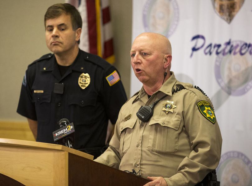 Kootenai County Sheriff Ben Wolfinger, right, and Post Falls Police Chief Scot Haug answer questions on Wednesday regarding Bo Kirk, who's body was found Tuesday in the Hayden Creek area. (Loren Benoit/Coeur d'Alene Press)