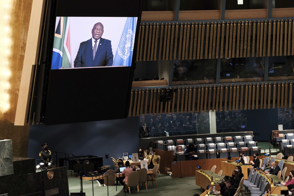 President of South Africa Cyril Ramaphosa speaks via video link during the 76th Session of the U.N. General Assembly at United Nations headquarters in New York, on Thursday, Sept. 23, 2021.  (Spencer Platt)