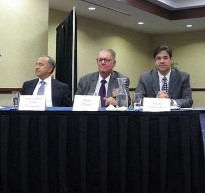 Walt Minnick, left, Dave Olson, center, and Raul Labrador, right, at a Meridian Chamber of Commerce candidate forum on Tuesday. (Betsy Russell)